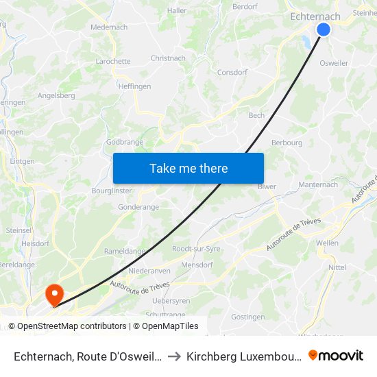 Echternach, Route D'Osweiler to Kirchberg Luxembourg map