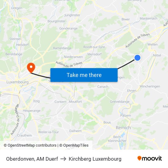 Oberdonven, AM Duerf to Kirchberg Luxembourg map