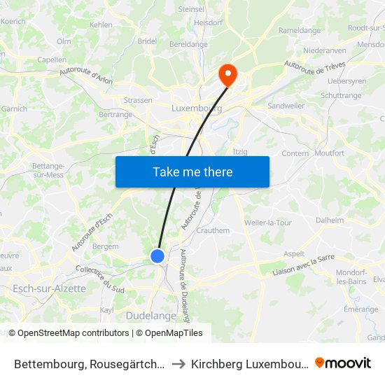 Bettembourg, Rousegärtchen to Kirchberg Luxembourg map