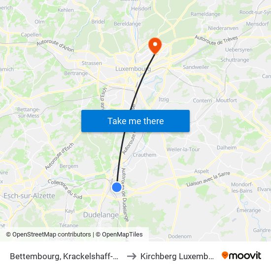 Bettembourg, Krackelshaff-Moog to Kirchberg Luxembourg map