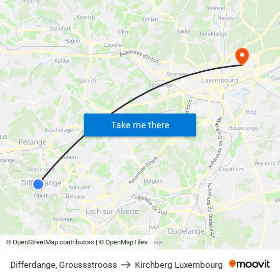 Differdange, Groussstrooss to Kirchberg Luxembourg map