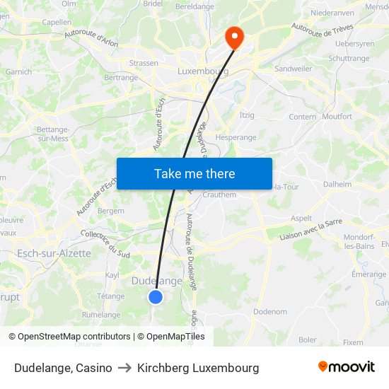 Dudelange, Casino to Kirchberg Luxembourg map