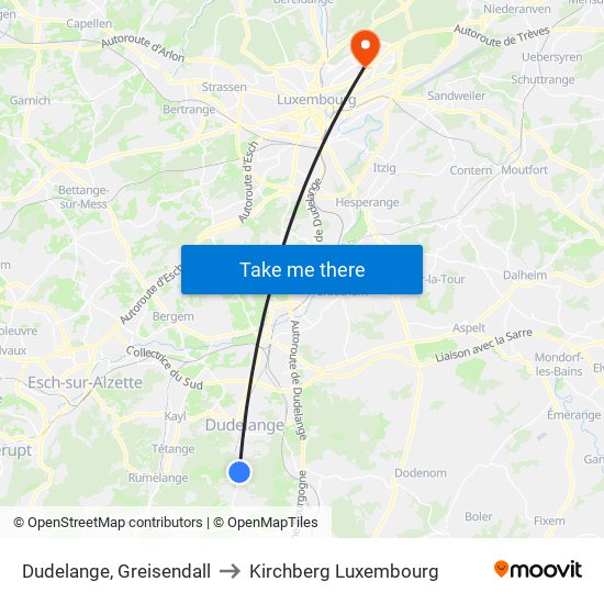 Dudelange, Greisendall to Kirchberg Luxembourg map