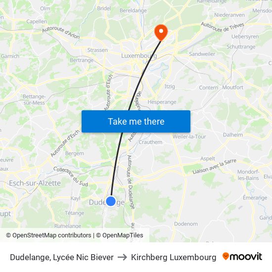 Dudelange, Lycée Nic Biever to Kirchberg Luxembourg map