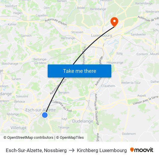 Esch-Sur-Alzette, Nossbierg to Kirchberg Luxembourg map