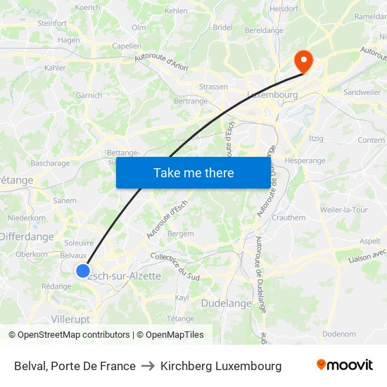 Belval, Porte De France to Kirchberg Luxembourg map