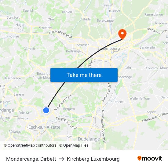 Mondercange, Dirbett to Kirchberg Luxembourg map