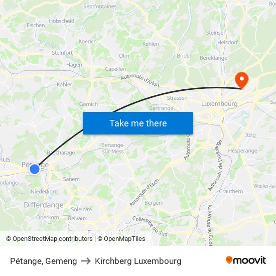 Pétange, Gemeng to Kirchberg Luxembourg map