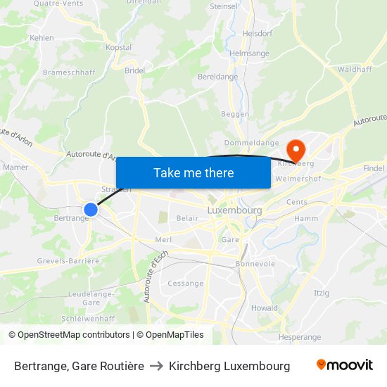 Bertrange, Gare Routière to Kirchberg Luxembourg map