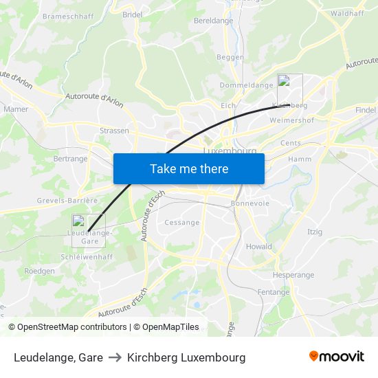 Leudelange, Gare to Kirchberg Luxembourg map