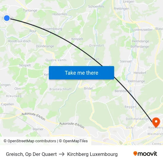 Greisch, Op Der Quaert to Kirchberg Luxembourg map