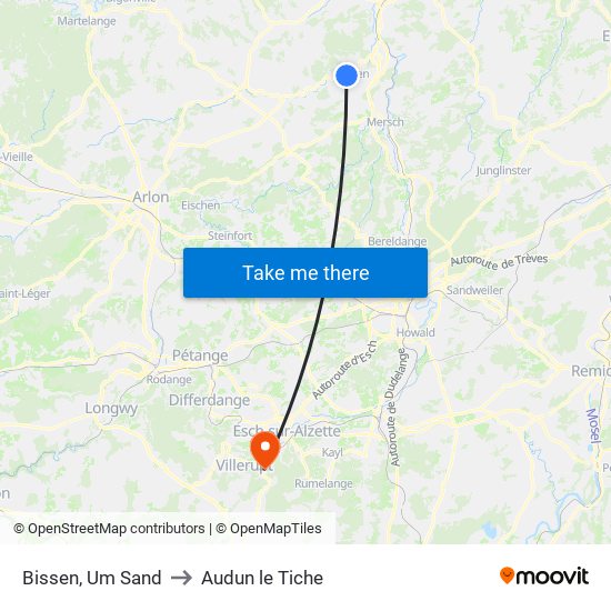 Bissen, Um Sand to Audun le Tiche map