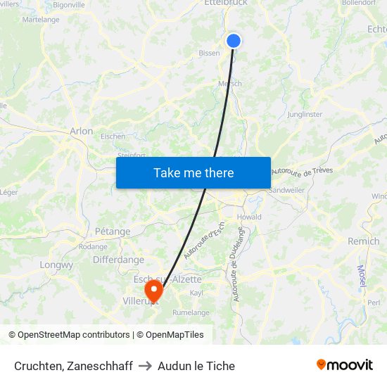 Cruchten, Zaneschhaff to Audun le Tiche map