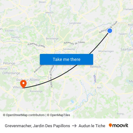 Grevenmacher, Jardin Des Papillons to Audun le Tiche map