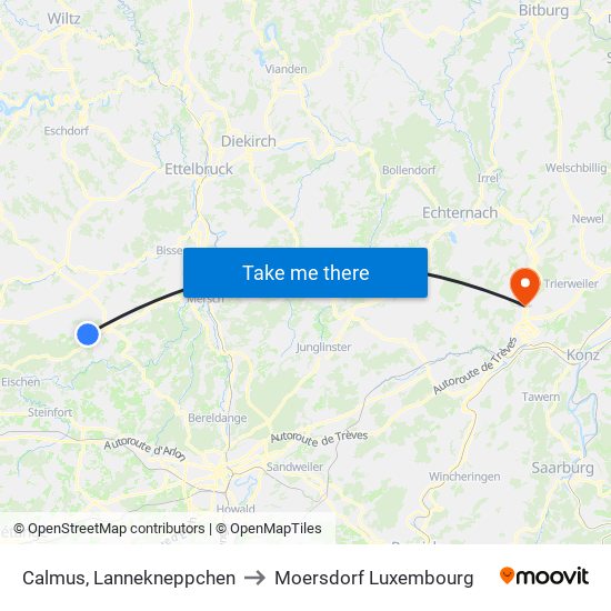 Calmus, Lannekneppchen to Moersdorf Luxembourg map