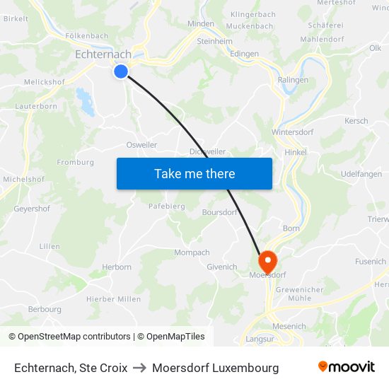 Echternach, Ste Croix to Moersdorf Luxembourg map