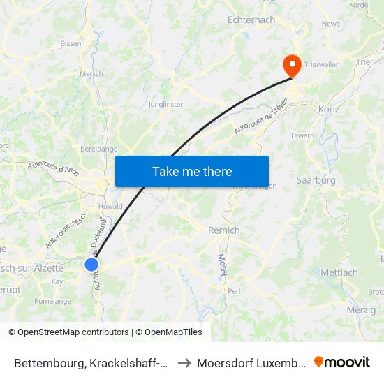 Bettembourg, Krackelshaff-Moog to Moersdorf Luxembourg map