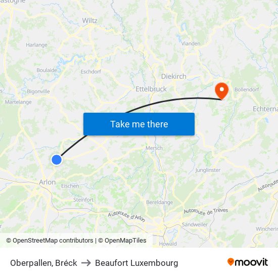 Oberpallen, Bréck to Beaufort Luxembourg map