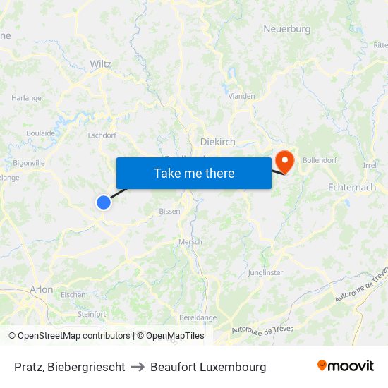 Pratz, Biebergriescht to Beaufort Luxembourg map