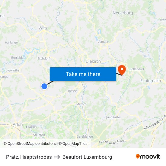 Pratz, Haaptstrooss to Beaufort Luxembourg map