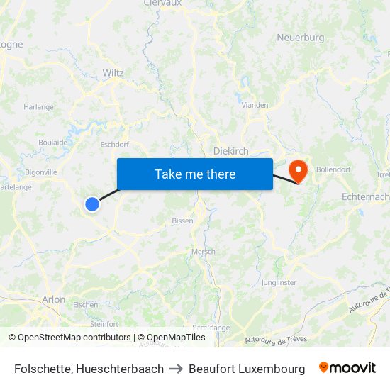 Folschette, Hueschterbaach to Beaufort Luxembourg map
