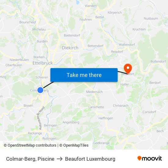 Colmar-Berg, Piscine to Beaufort Luxembourg map