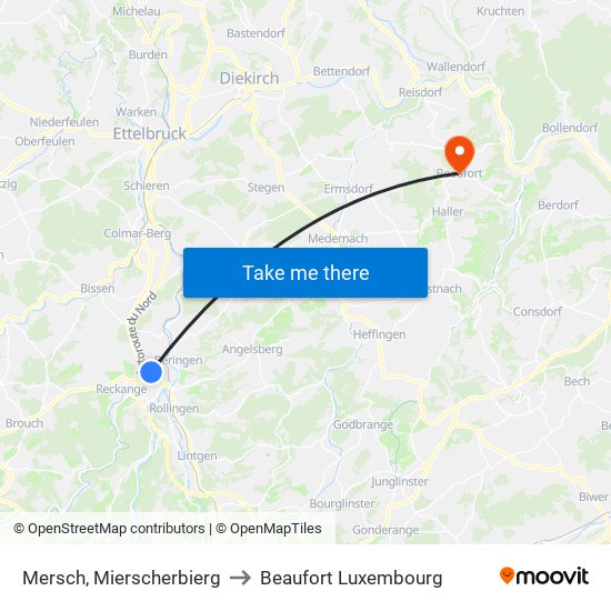 Mersch, Mierscherbierg to Beaufort Luxembourg map