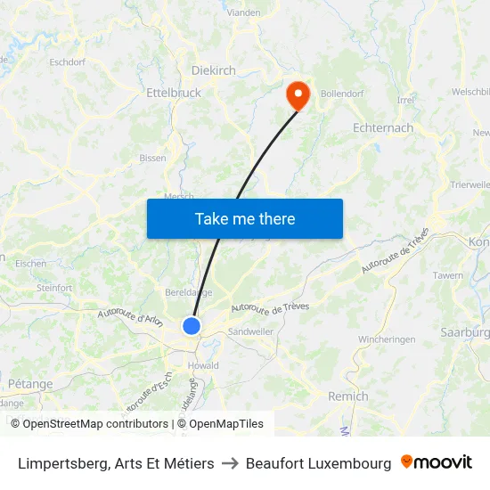Limpertsberg, Arts Et Métiers to Beaufort Luxembourg map