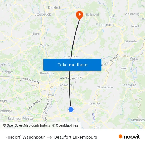 Filsdorf, Wäschbour to Beaufort Luxembourg map