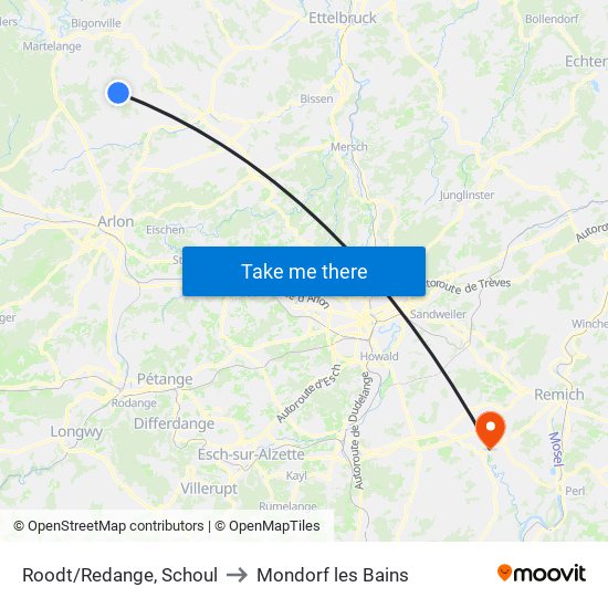 Roodt/Redange, Schoul to Mondorf les Bains map