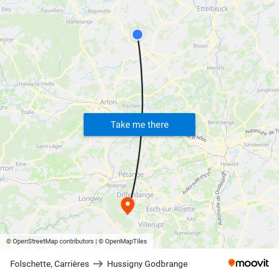 Folschette, Carrières to Hussigny Godbrange map