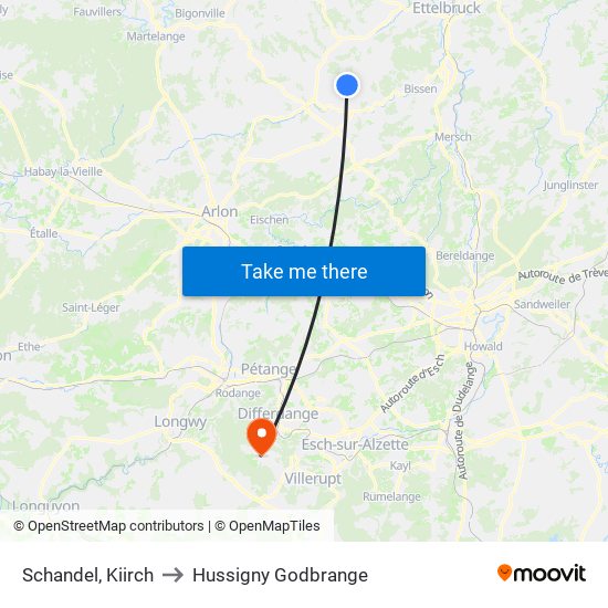 Schandel, Kiirch to Hussigny Godbrange map