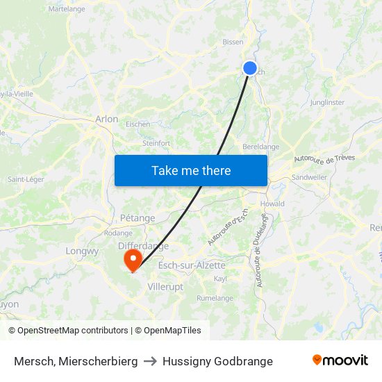 Mersch, Mierscherbierg to Hussigny Godbrange map