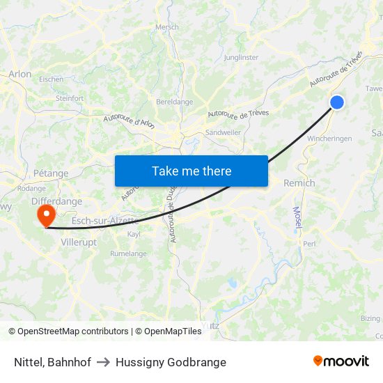 Nittel, Bahnhof to Hussigny Godbrange map