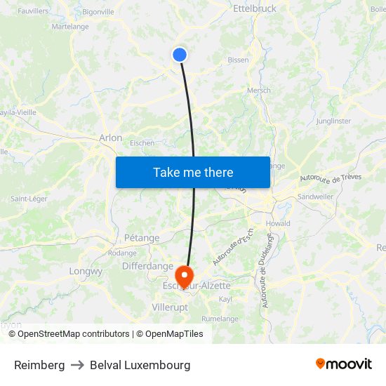 Reimberg to Belval Luxembourg map