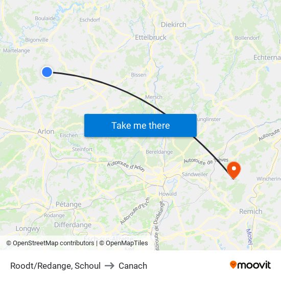 Roodt/Redange, Schoul to Canach map