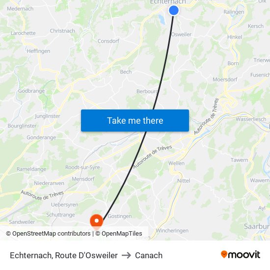 Echternach, Route D'Osweiler to Canach map