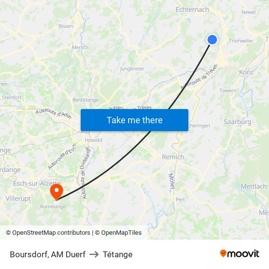 Boursdorf, AM Duerf to Tétange map