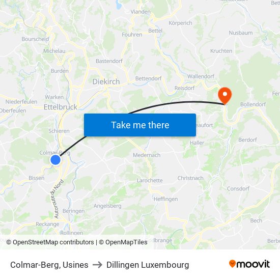 Colmar-Berg, Usines to Dillingen Luxembourg map