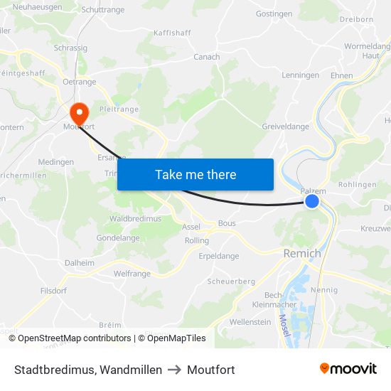 Stadtbredimus, Wandmillen to Moutfort map