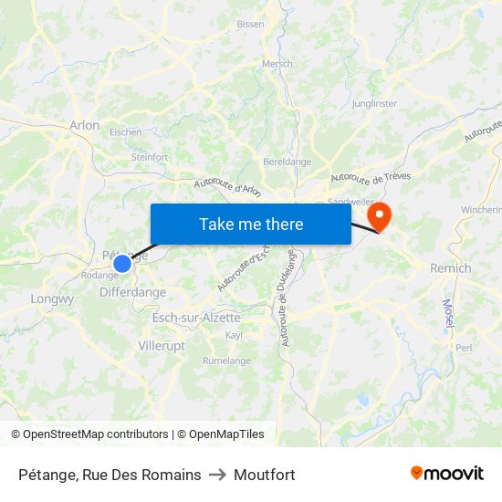 Pétange, Rue Des Romains to Moutfort map