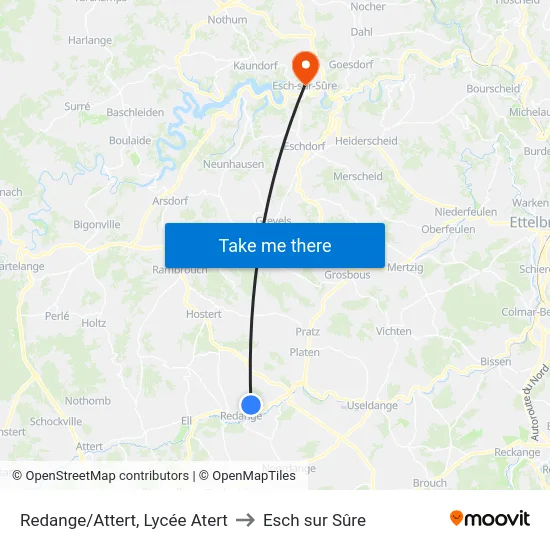 Redange/Attert, Lycée Atert to Esch sur Sûre map