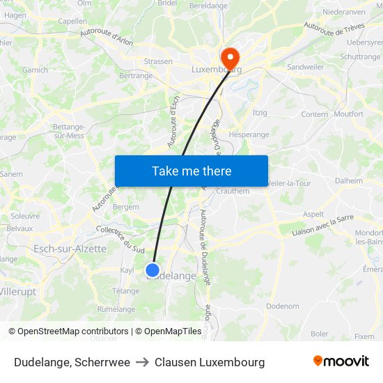 Dudelange, Scherrwee to Clausen Luxembourg map