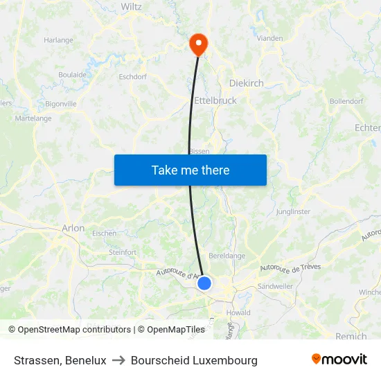 Strassen, Benelux to Bourscheid Luxembourg map