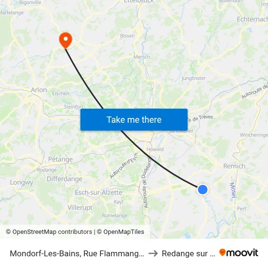 Mondorf-Les-Bains, Rue Flammang (Provisoire) to Redange sur Attert map