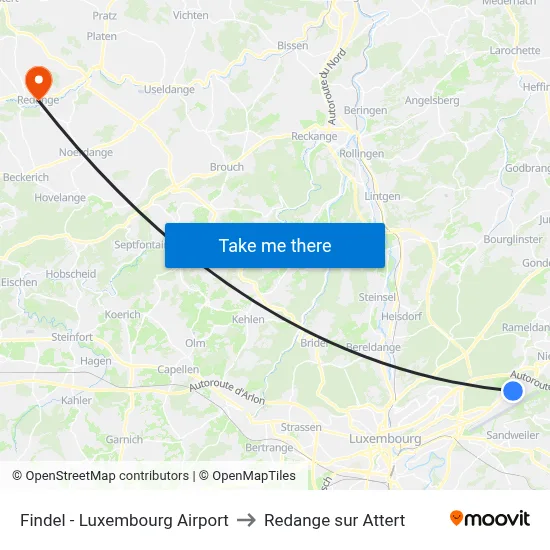 Findel - Luxembourg Airport to Redange sur Attert map