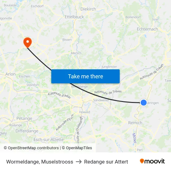Wormeldange, Muselstrooss to Redange sur Attert map