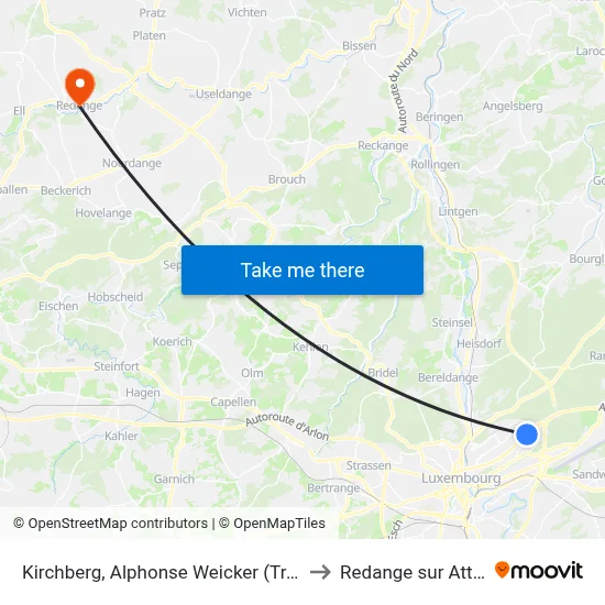 Kirchberg, Alphonse Weicker (Tram) to Redange sur Attert map