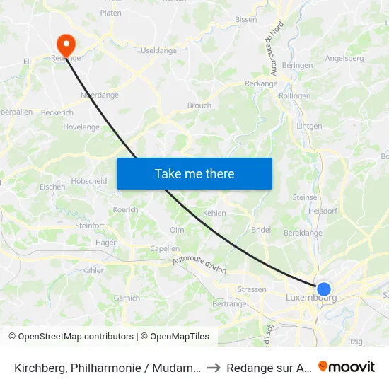Kirchberg, Philharmonie / Mudam (Tram) to Redange sur Attert map