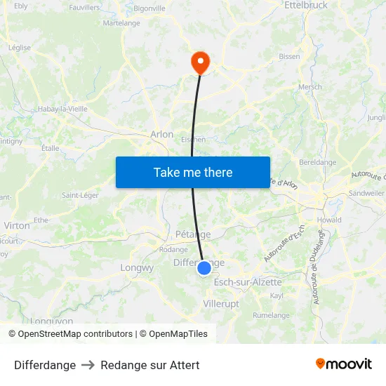 Differdange to Redange sur Attert map